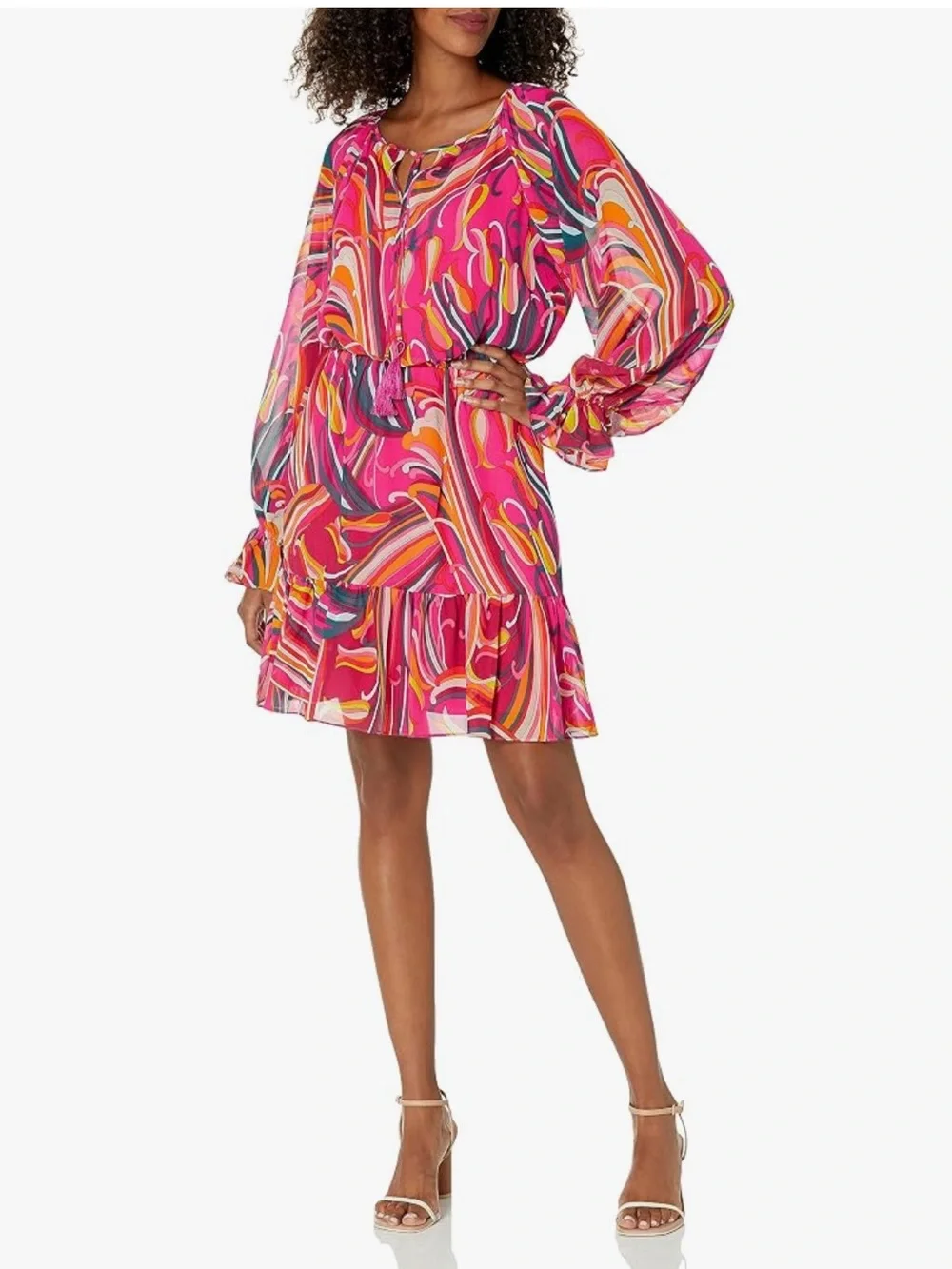 Trina Turk “Viti” red pink abstract 60s inspired print flounce dress L